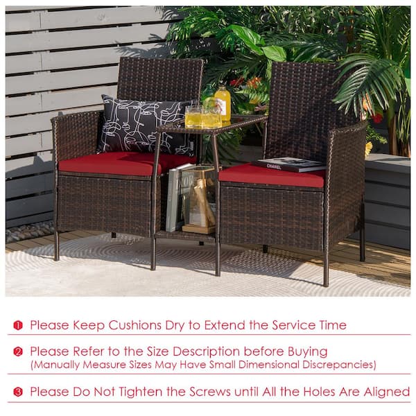 Costway Patio Rattan Wicker Conversation Set Sofa Cushioned Loveseat Glass Table Red