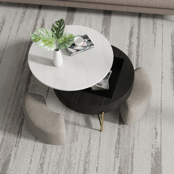 32 in. Black Round Wood Top Liftable Coffee Table with 3 Stools