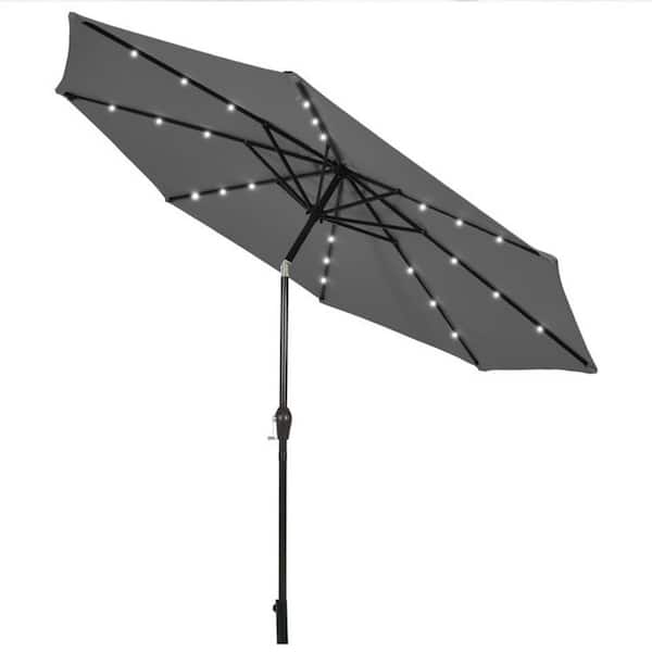 10 ft. Metal Market Solar Tilt Patio Umbrella in Gray with LED Lights and Crank Outdoor Pool Table Umbrella