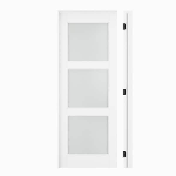 30 in. x 80 in. 3-Lite Frosted Glass Right Hand White Solid Core Glass Single Prehung Interior Door+ Quick Assemble Jamb