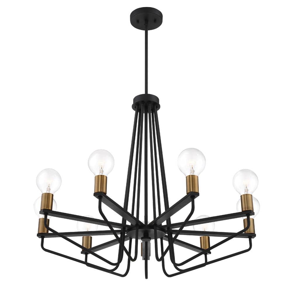 Ravella 27" Black Aluminum 9-Light Industrial Chandelier with Satin Brass Accents