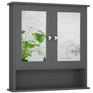 22 in. W x 5 in. D x 23 in. H Gray Bathroom Wall Cabinet with 2 Mirrored Doors, Adjustable Shelf and Open Shelf