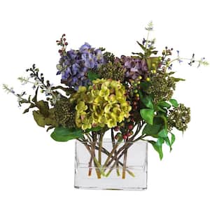12 in. Artificial Mixed Hydrangea Silk Flower Arrangement with Rectangle Vase