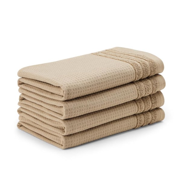 Small Waffle Woven Terry Stripe 20 in. x 30 in. Taupe Cotton Hand Towel Set 4-Pack