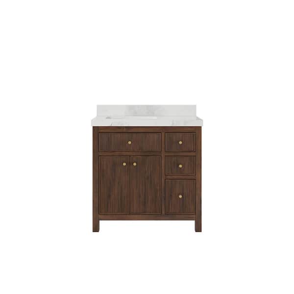 Sonoma Teak 36 in. Left Offset Sink Freestanding Dark Walnut Bath Vanity with Calcutta Nuvo Quartz Top Unassembled