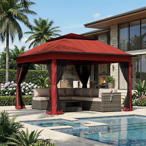 Red Portable Steel Pop-Up Gazebo with Mosquito Netting 11 ft. x 11 ft.