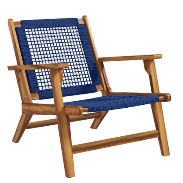 ITOPFOX Patio Dark Blue Acacia Wood Adirondack Chair with PP Rope Weave, High Backrest Support