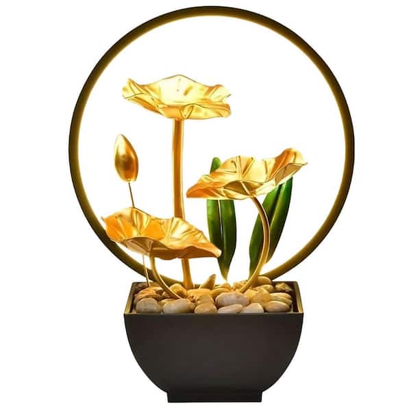 11 in. USB Powered Metal Lotus Leaf Tabletop Water Fountain with LED Lights Urn