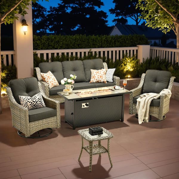 Tulip O 5-Piece Wicker Patio Conversation Seating Set with Fire Pit and Black Cushions