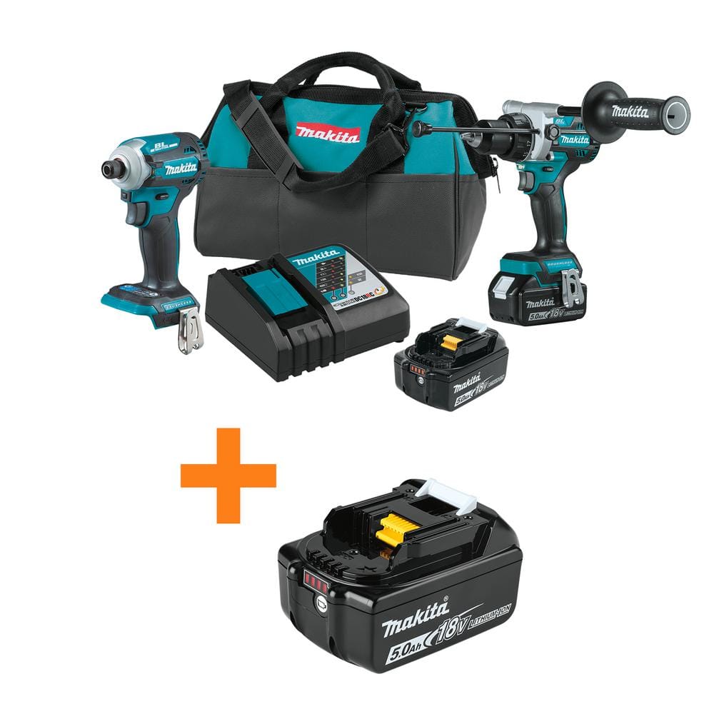 MAKITA 18V LXT Lithium-Ion Brushless Cordless Combo Kit 5.0 Ah (2-Piece) with bonus 18V LXT Lithium-Ion Battery Pack 5.0Ah (XT288T-BL1850B)