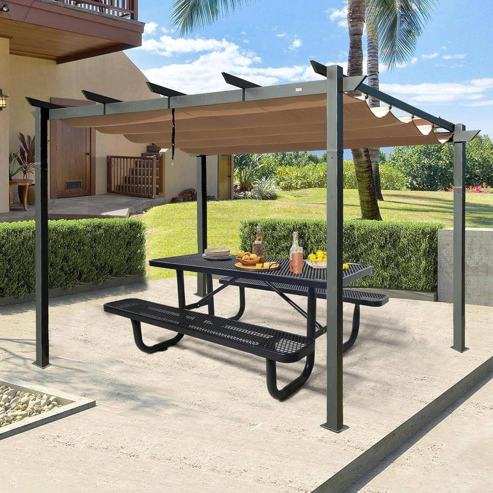 72 in. Black Rectangle Stainless Steel Picnic Table Seats 6 People with Umb