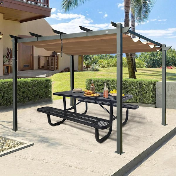 Unbranded 72 in. Black Rectangle Stainless Steel Picnic Table Seats 6 People with Umbrella Hole