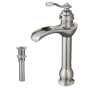 Waterfall Single Hole Single Handle Bathroom Vessel Sink Faucet with Drain Assembly in Brushed Nickel