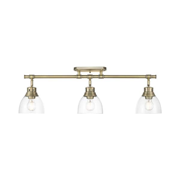 Duncan 6.5 in. 3-Light Aged Brass Semi-Flush Mount with Clear Glass Shade