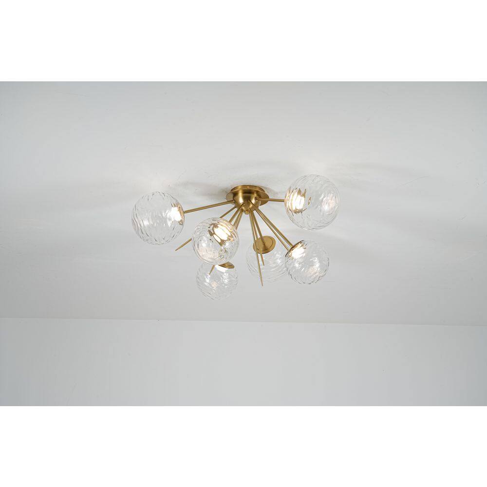 Sonrisa 6-Light 30.7 in.W Brushed Brass Semi Flush Mount Sputnik Integrated LED Ceiling Light with Water Glass for Foyer price history on PriceWatchPro