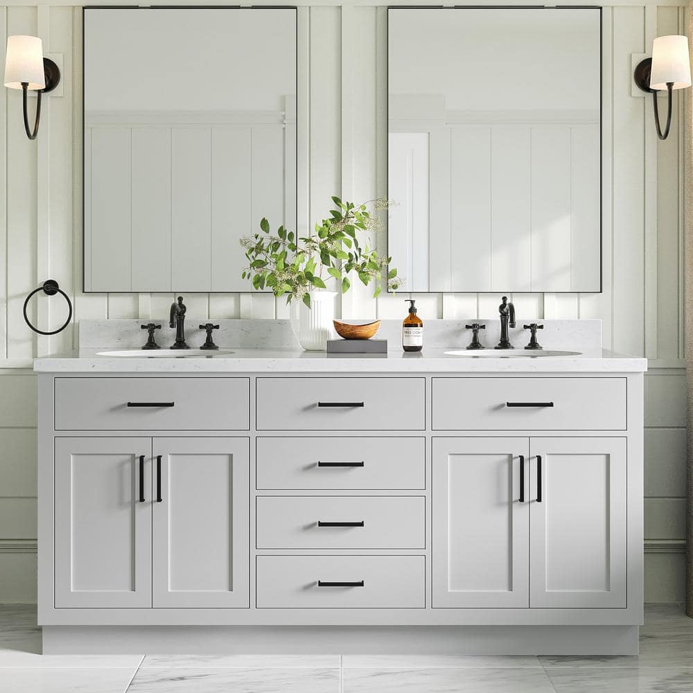 Gray Double Bathroom Vanity with Quartz Top and Storage