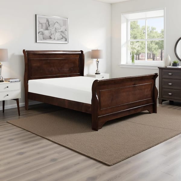 Modern Dark Cherry Brown Queen Wood Frame Sleigh Bed