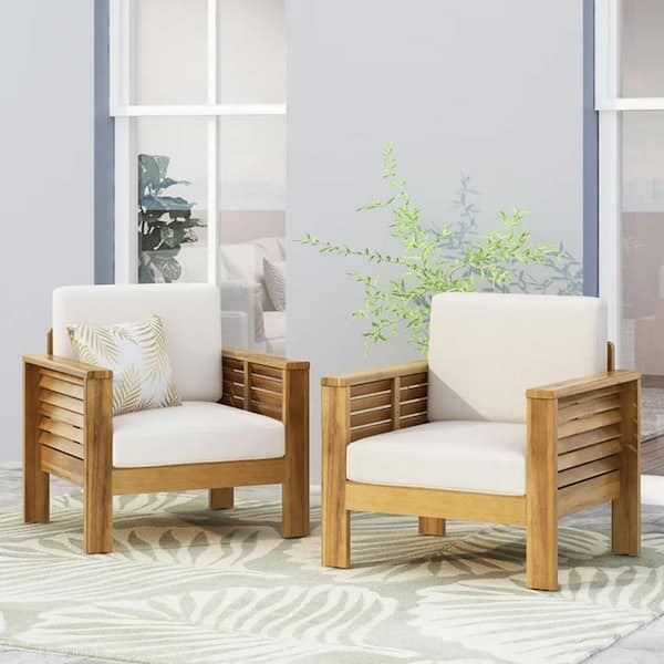 Set of 2 Patio Acacia Wood Outdoor Club Lounge Chairs with Beige Cushions and Teak Frame