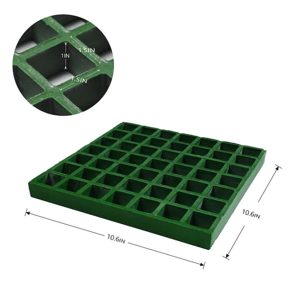 Wellco Fiberglass Molded Grating for Floors Outdoor Drain Cover Deck Tile 1.5 in. x 1.5 in. x 1 in., 10.6 in. x 10.6 in., Green