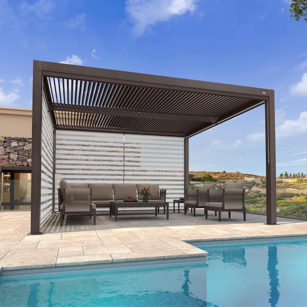 PURPLE LEAF 11 ft. x 13 ft. Bronze Aluminum Frame Louvered Pergola with Adjustable Shade Roof and 1-Long 1-Short Side Roller Shades