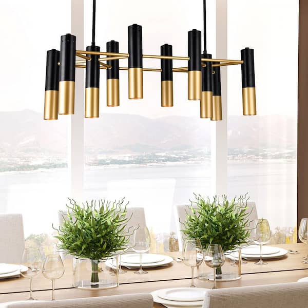 Anem 10 Light Down Chandelier With Matte Black & Satin Gold Finish