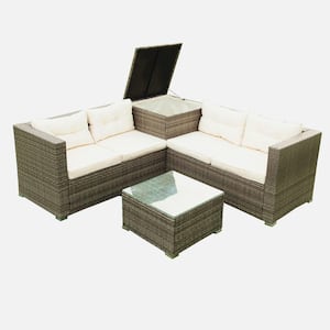 4-Piece Gray Wicker Patio Conversation Set with Beige Cushions, Storage Box