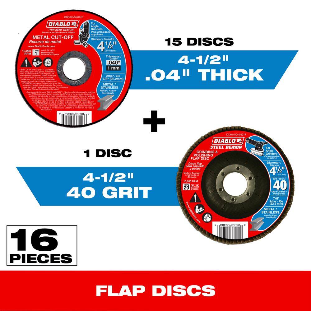 4-1/2 in. Metal Cut Off Disc Thin Kerf 15-Pack Plus a 4-1/2 in. Steel Demon Flap Disc 40 Grit Type 29 (16-Pack) price history on PriceWatchPro