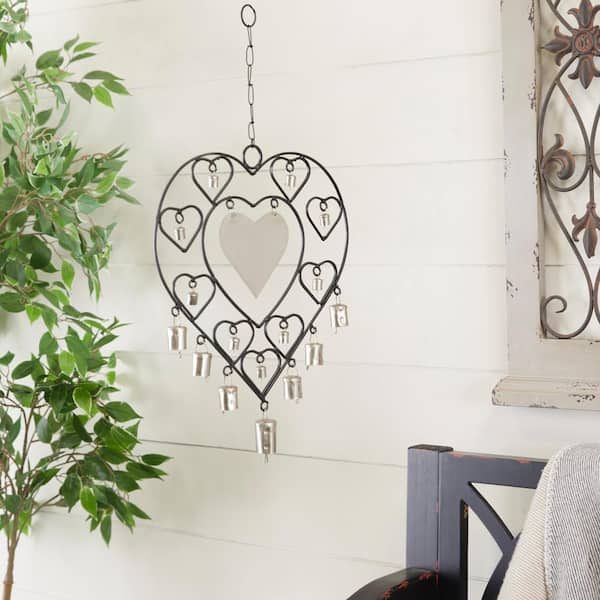 Litton Lane 22 in. Silver Metal Heart Windchime with Bells and Chain Ring Hanger