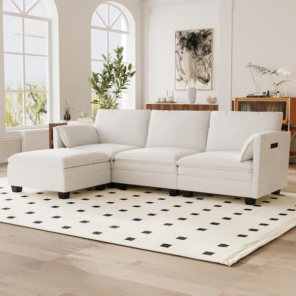 Noble House Eva 107 in. L-Shaped 4 Seater Modern Fabric Sectional Sofa in Beige with Movable Ottoman, Arm Pockets