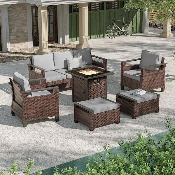 6-Pieces Patio Sofa with Square Fire Table Set Wide Armrests High Back Sofa Chair Design Brown Wicker Gray Cushion