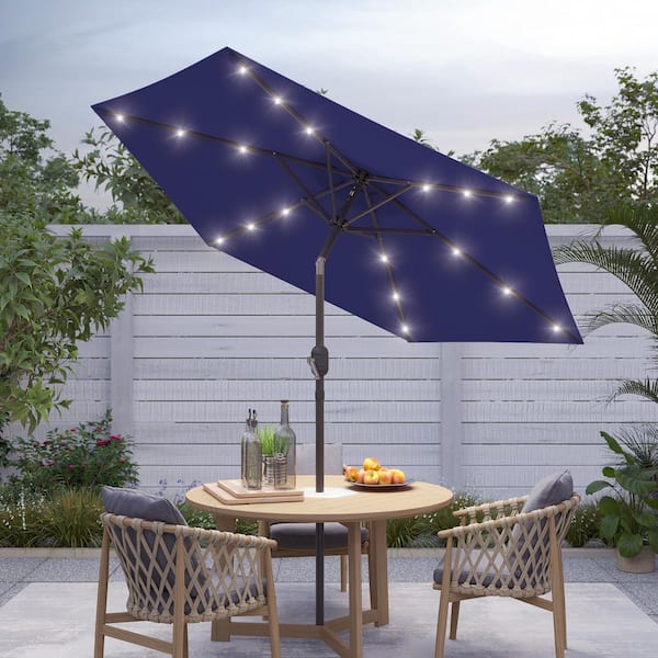 7.5 ft. Solar Lighted LED Patio Market Crank and Tilt Umbrellas, Table Umbrellas,UV-Resistant Canopy in Navy Blue