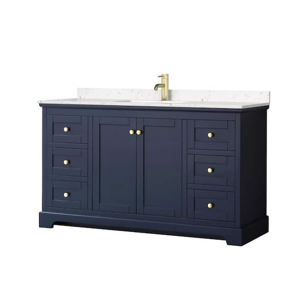Wyndham Collection Avery 60in.Wx22 in.D Single Vanity in Dark Blue with Cultured Marble Vanity Top in Light-Vein Carrara with White Basin