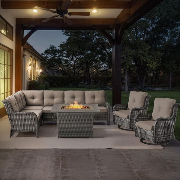 Gray 4-Piece Wicker Patio Fire Pit Set, Outdoor Sectional Seating Set with Olefin Gray Cushions and Swivel Rockers