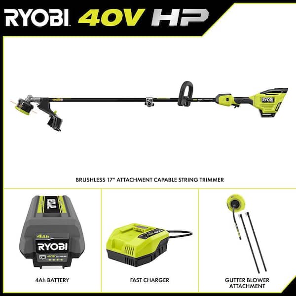 40V HP Brushless 17" Cordless Attachment Capable String Trimmer w/ Gutter Blower Attachment, 4.0 Ah Battery & Charger