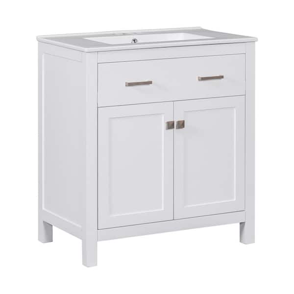 Aoibox 30 in. W x 18 in. D in 33 in. H White Bathroom Vanity with Single Ceramic Sink Top Cabinet with 2 Soft Close Doors Shelf