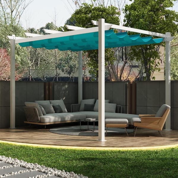 PURPLE LEAF 10 ft. x 13 ft. White Aluminum Frame Outdoor Pergola Gazebo with Blue Retractable Sun Shade Canopy for Backyard