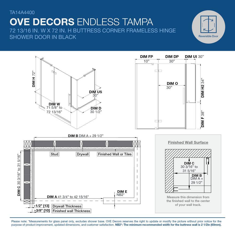 Black Tempered Glass Frameless Corner Shower Kit, 72" x 72"