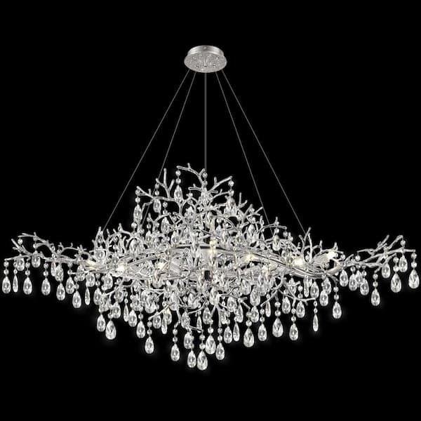 12-Lights Silver Luxury Crystal Linear Chandelier, Modern Tree Branch Chandelier for Dinning Room, Kitchen, Living Room
