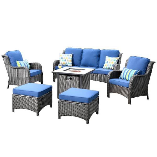 New Kenard Brown 6-Piece Wicker Patio Fire Pit Conversation Seating Set with Navy Blue Cushions