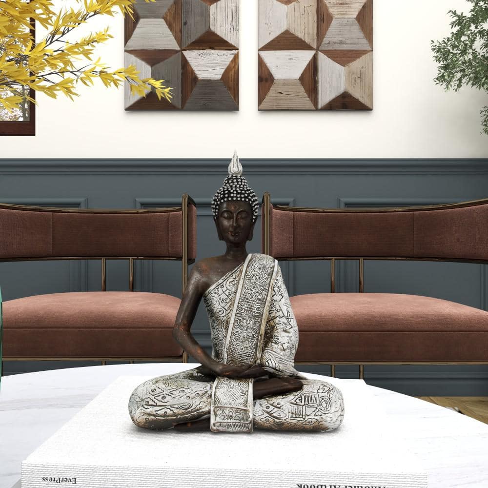 Black and Silver Polystone Meditating Buddha Statue with Engraved Patterns