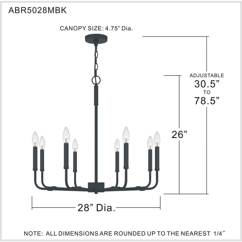 Matte Black 28-Inch 8-Light Steel Candle Chandelier