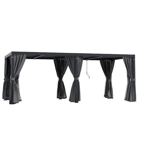 10 ft. x 20 ft. Black Aluminum Louvered Pergola with Adjustable Roof and Gray Curtains