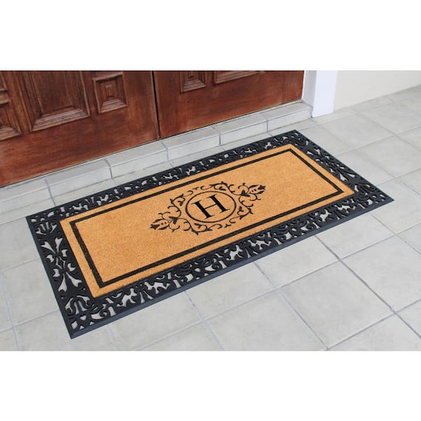 A1hc Rubber and Coir Door Mat Floral Border Dirt Trapper Heavy Weight Large Doormat 24x38 - Black/Beige