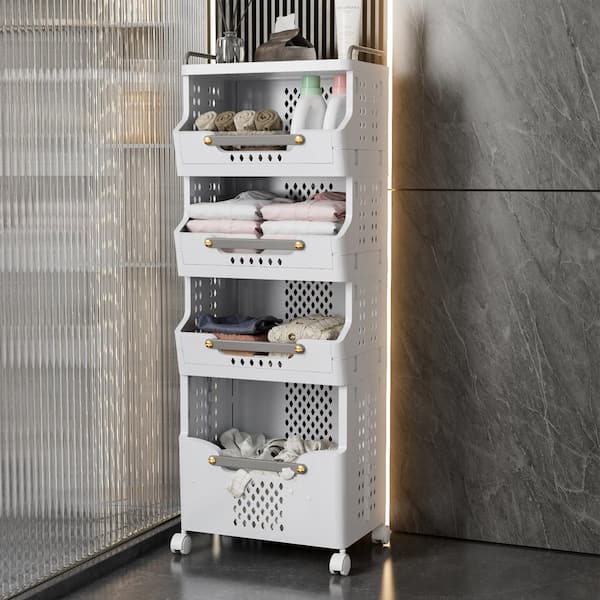 LORDEAR 4-Tier Light Gray Utility Rolling Kitchen Cart with Handle and Lockable Wheels
