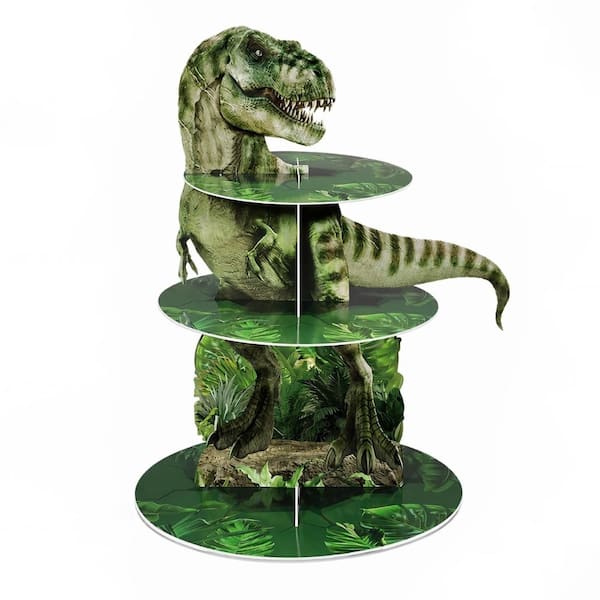 3-Tier Jungle Green Cardboard Dinosaur Cake Stand with 24 Plastic Dinosaur Figure Cupcake Toppers