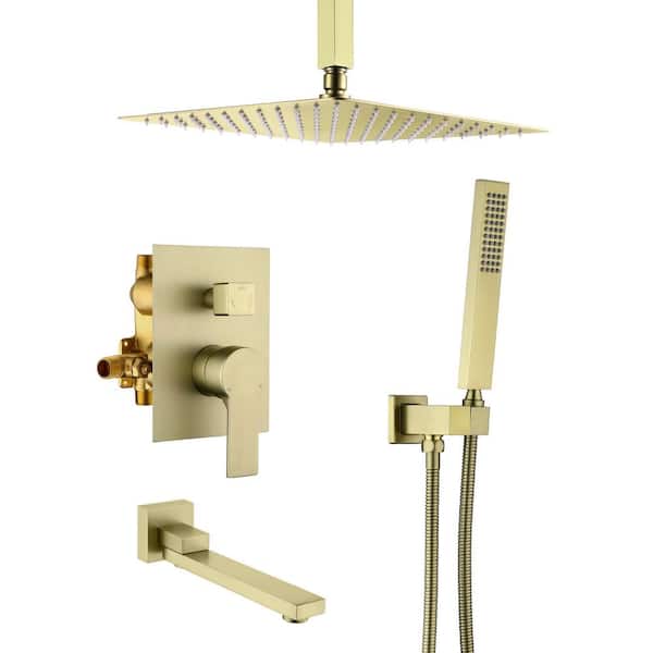 Single Handle 1-Spray Tub and Shower Faucet 1.8 GPM 12 in. Shower System in Brushed Gold Pressure Balance Valve Included