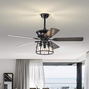 Farmhouse 52 in. Indoor Black Ceiling Fan with Trapezoidal Cylinder Lampshade, 2-Color-Option Blades and Remote Included