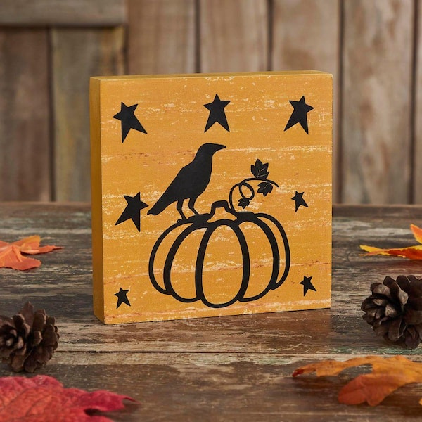 Prim Stars 5 in. x 5 in. Pumpkin and Raven on Mustard Base MDF Wall Art