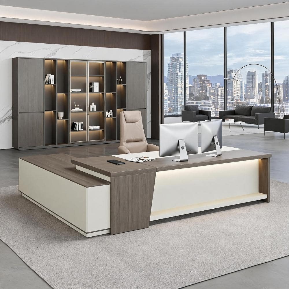 79 in. L-Shape Smoked Oak & Cream White Engineered Wood 4-Drawer Executive Desk with LED Lights and Power Outlets