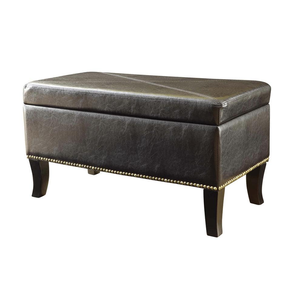 Espresso Faux Leather Tufted Storage Ottoman with Nailhead Trim